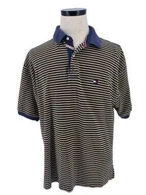 Vintage Tommy Hilfiger XL Navy Yellow Stripe Polo Shirt Y2K Preppy Logo